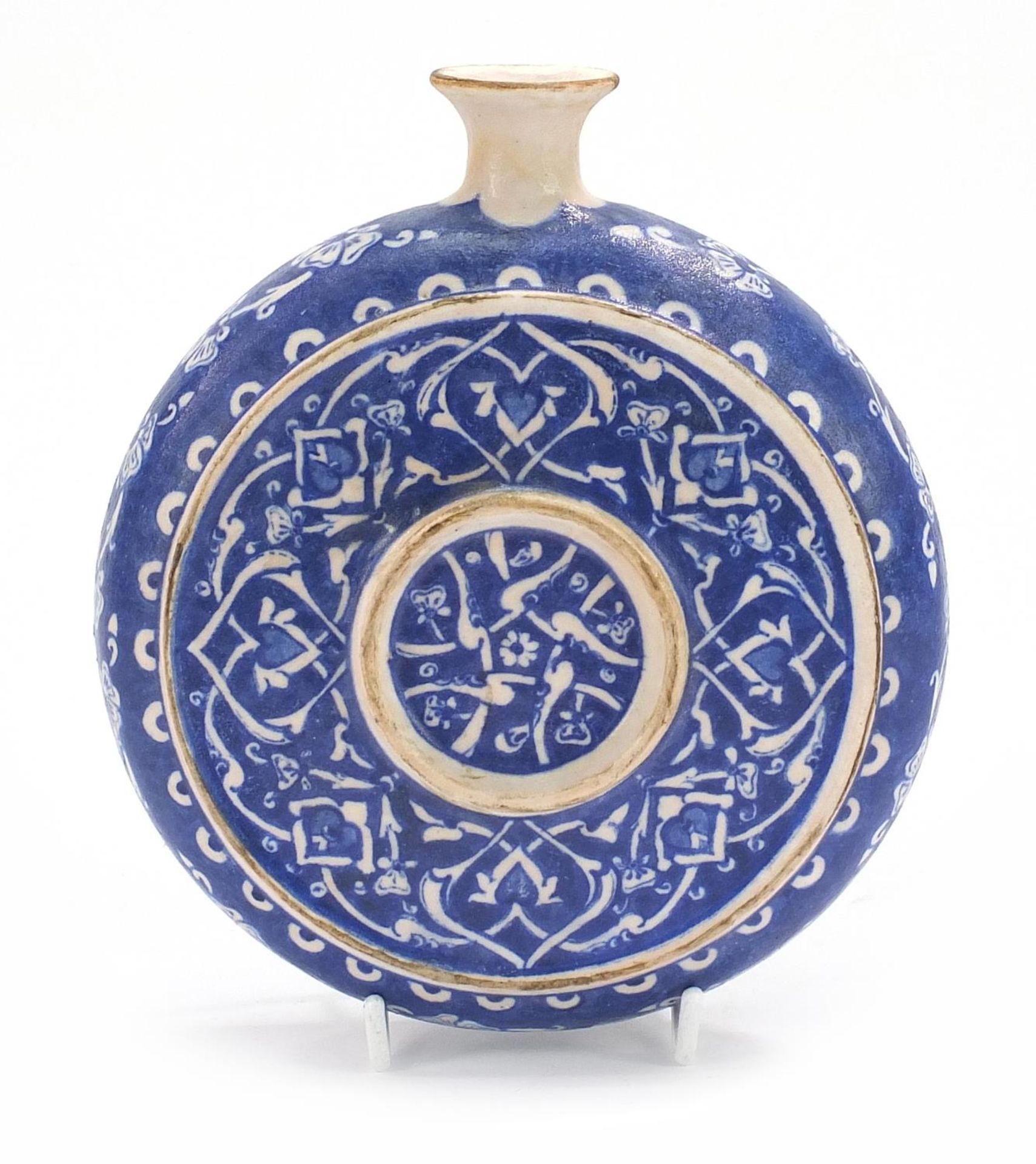Turkish Iznik pottery water flask hand painted with flowers, 20cm high :For Further Condition - Image 2 of 4