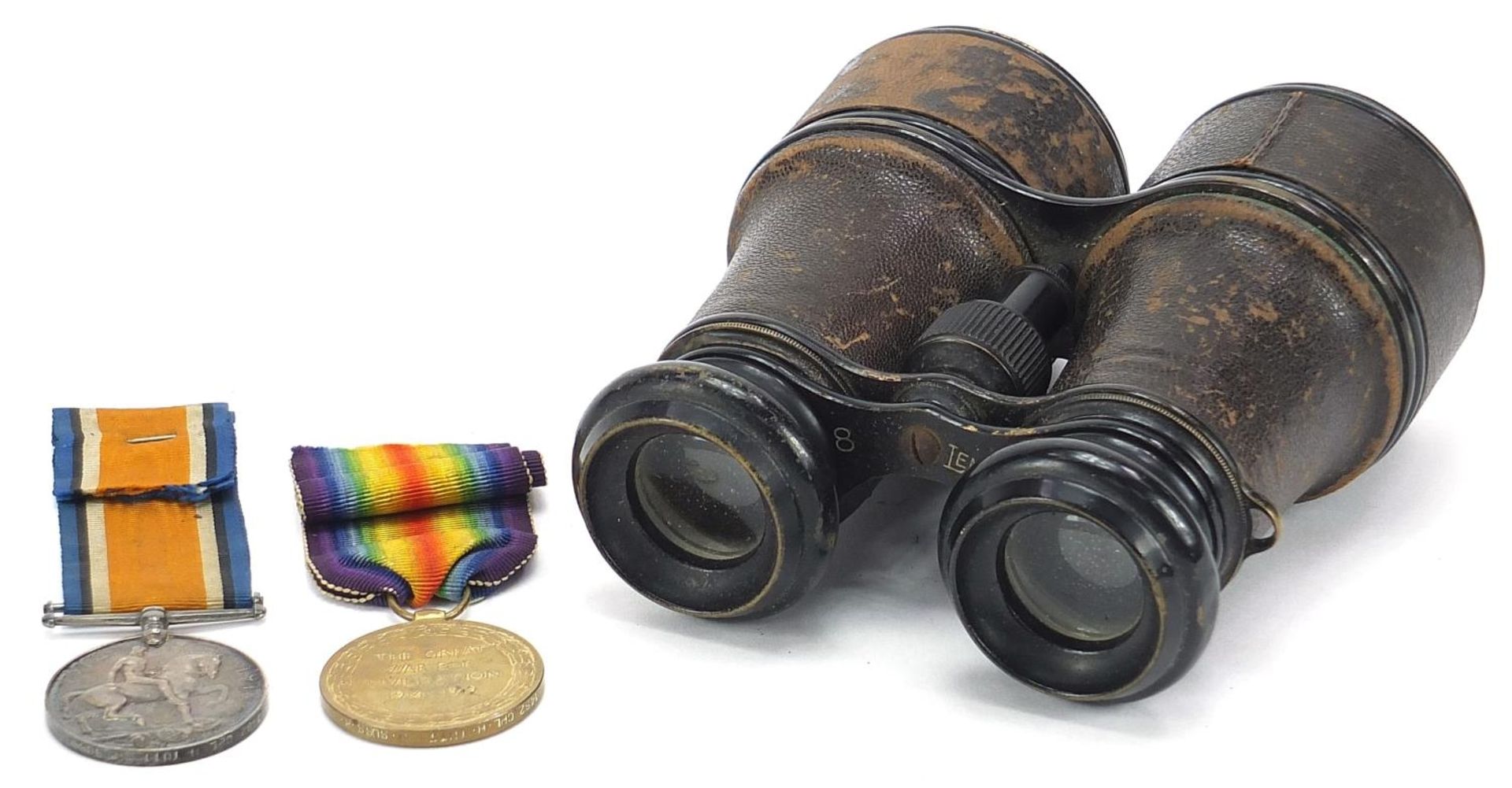 British military World War I pair and leather bound binoculars, the pair awarded to 1482CPL.H.TUTT. - Image 4 of 8
