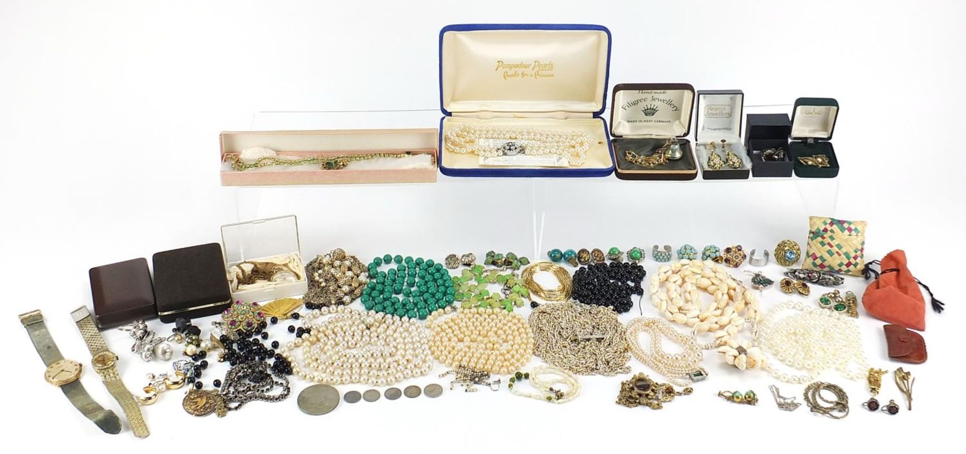 Vintage and later jewellery including simulated pearl necklaces, wristwatches, earrings and brooches