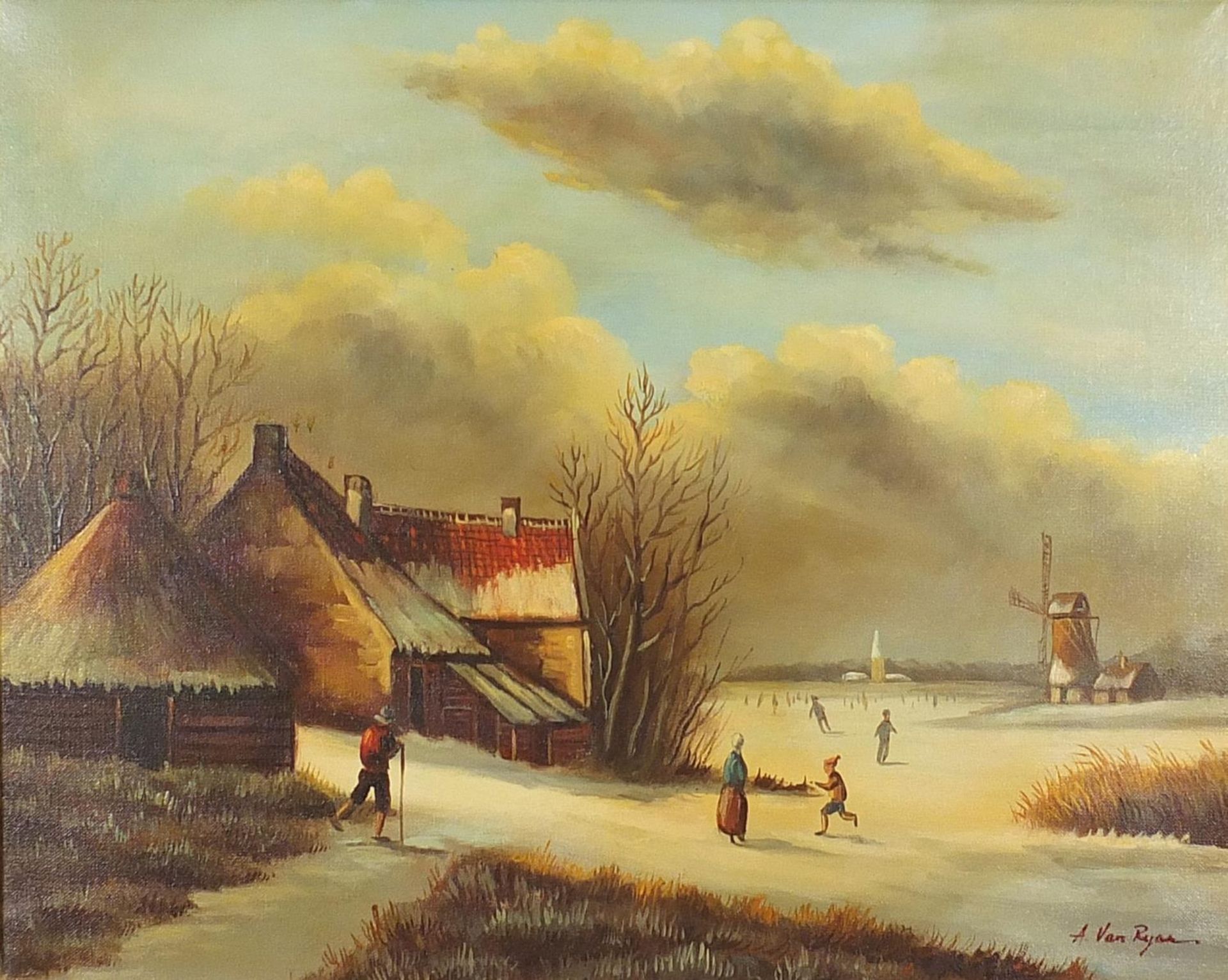 Winter landscape with windmill, Dutch school oil on canvas, mounted and framed, 49cm x 39.5cm