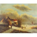 Winter landscape with windmill, Dutch school oil on canvas, mounted and framed, 49cm x 39.5cm