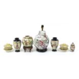 Oriental ceramics, metalware and woodenware including a pair of Japanese Satsuma vases, Chinese