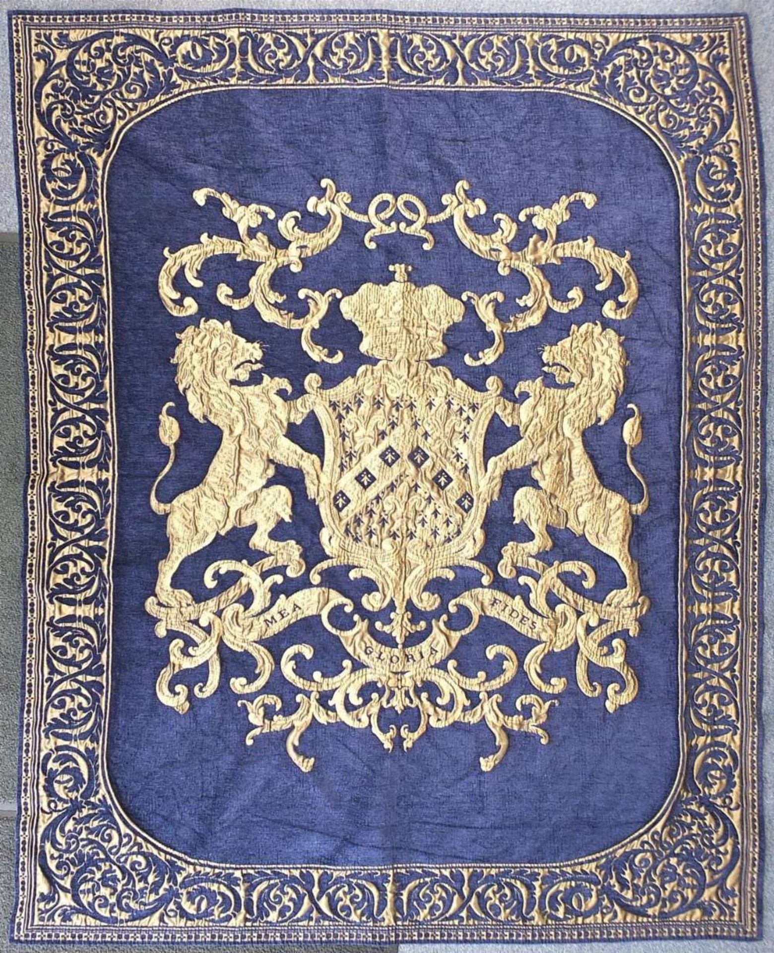 Large tapestry embroidered with a coat of arms, 243cm x 155cm :For Further Condition Reports