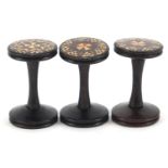 Three Victorian sewing interest Tunbridge Ware cotton reel holders, each 4cm wide :For Further