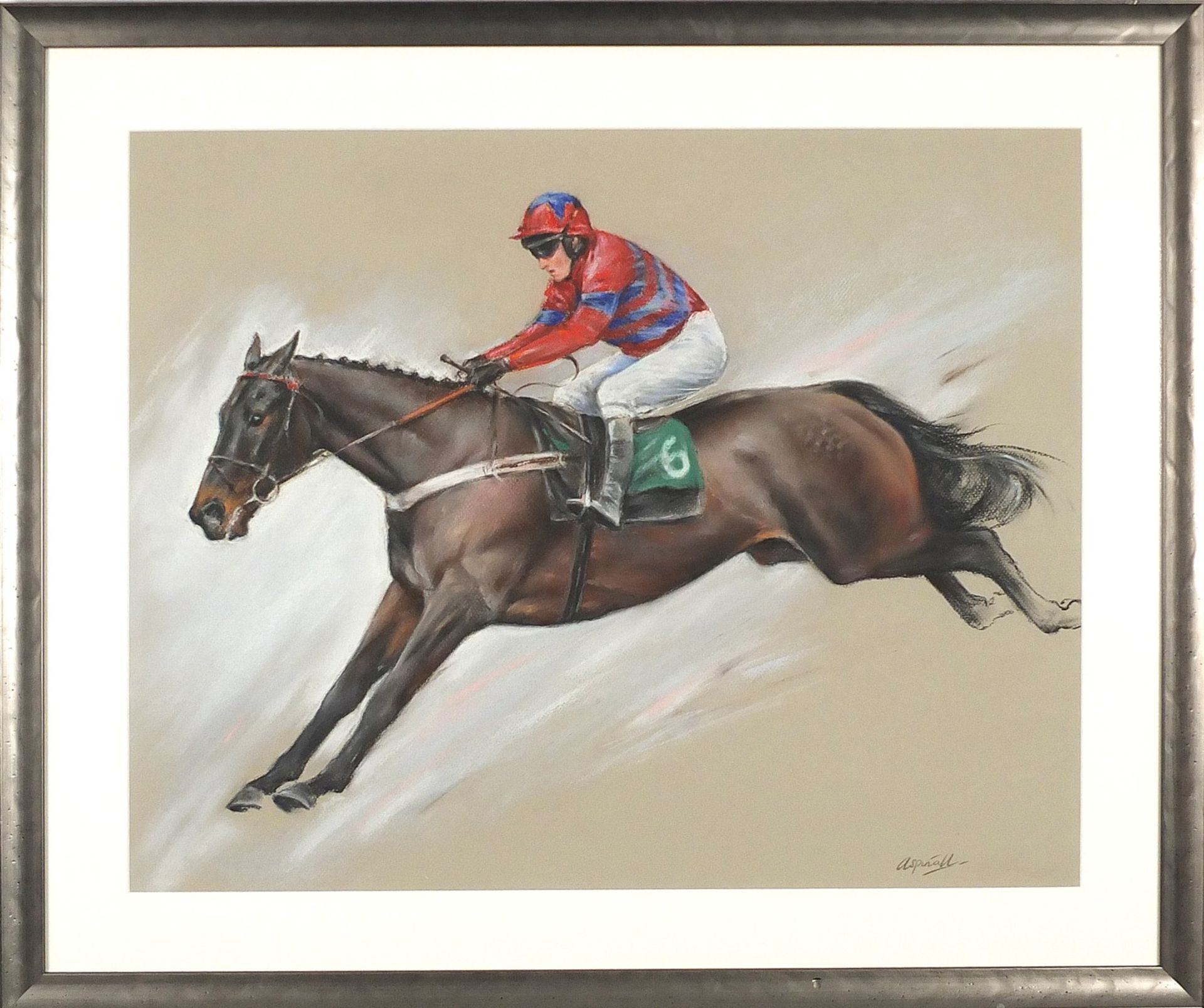 Sarah Aspinall - Jockey on horseback, horseracing scene, pastel, mounted, framed and glazed, 64cm - Image 2 of 5