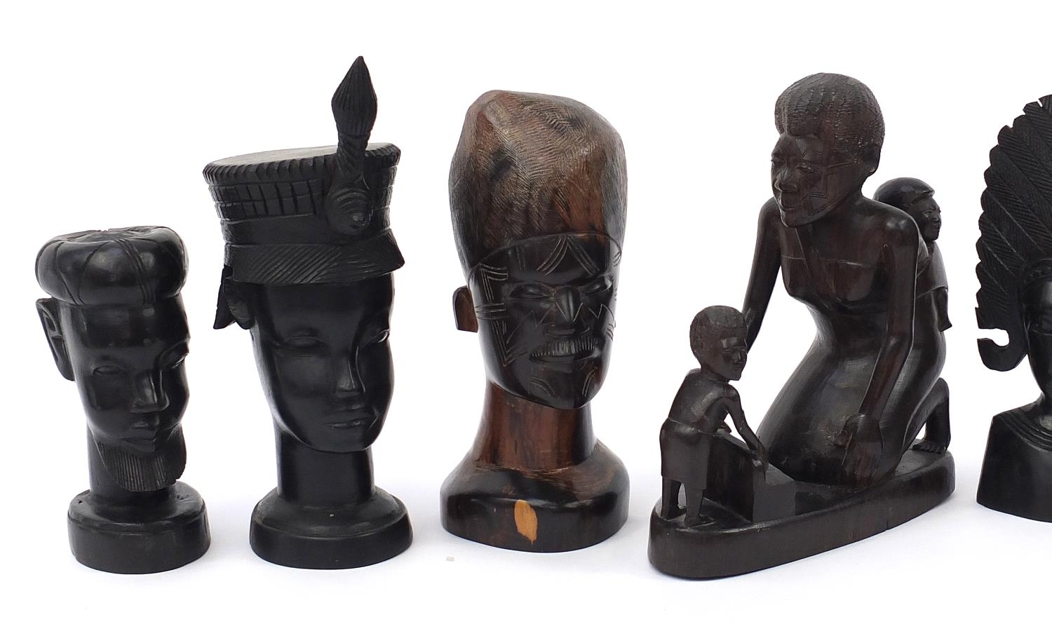 Ten African carved hardwood figures and busts including ebony examples, the largest 28.5cm high :For - Image 2 of 6
