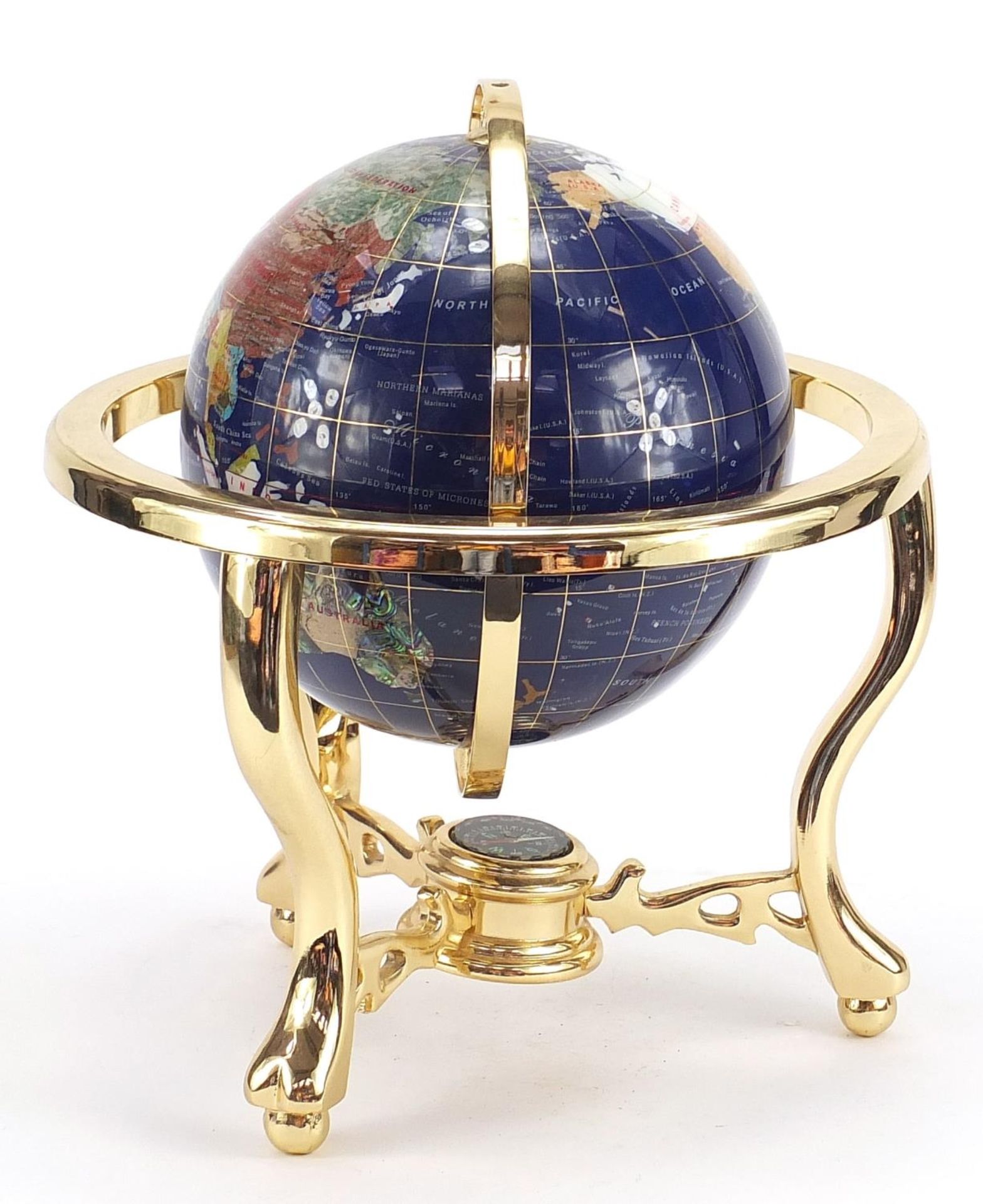 Brass and specimen stone table globe with compass under tier, 35cm high :For Further Condition - Image 4 of 7