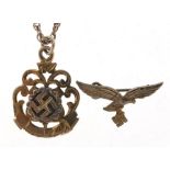 German military interest silver pendant on chain and eagle brooch, the pendant 3cm high, total 14.7g