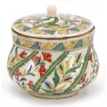 Turkish Kutahya pottery preserve jar and cover hand painted with flowers, 11.5cm high :For Further