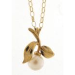 9ct gold cultured pearl pendant on a 9ct gold necklace, 1.5cm high and 40cm in length, total 1.6g :