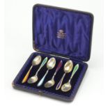 Barker Brothers Silver Ltd, set of six silver and guilloche enamel teaspoons housed in a Henry Wells