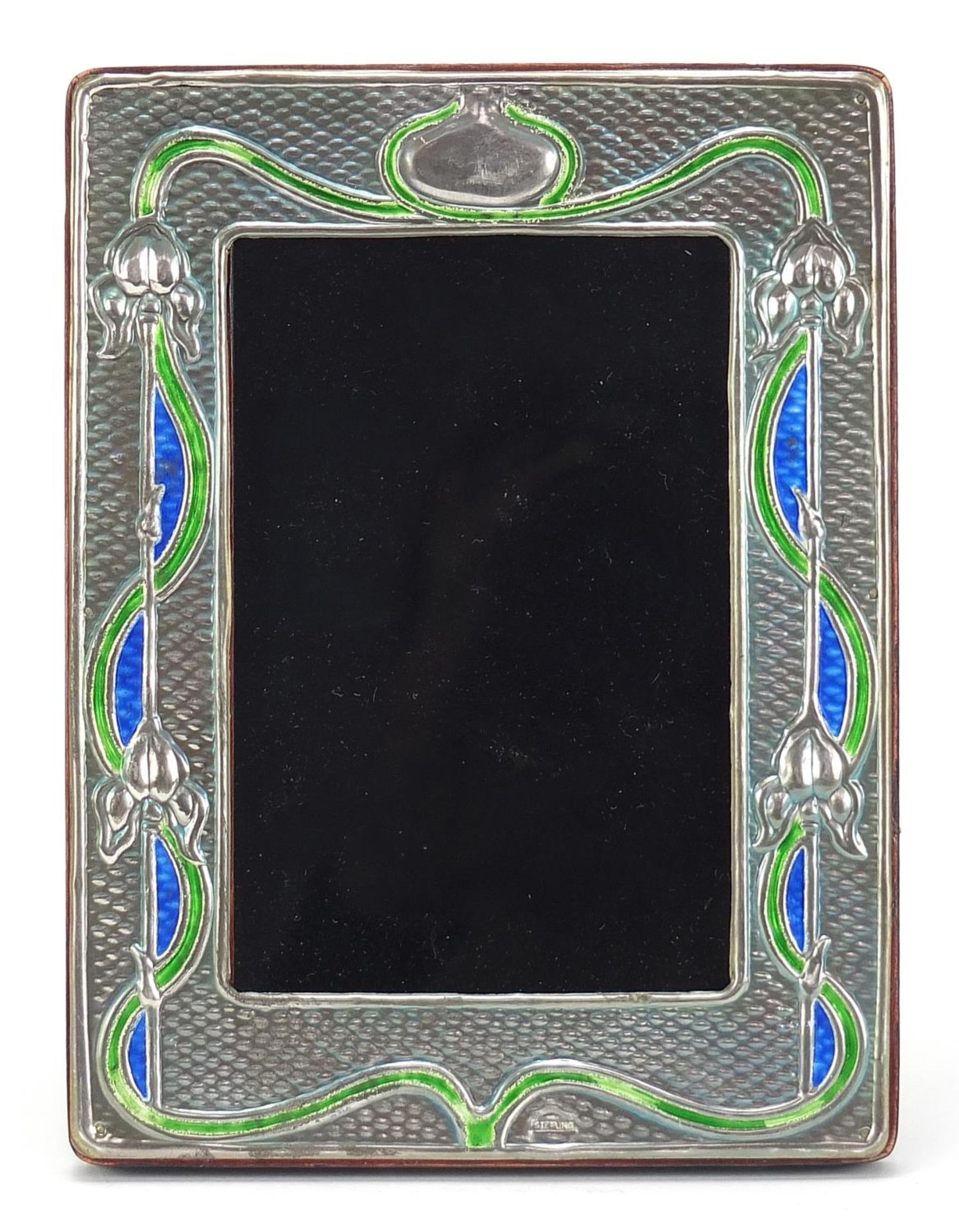 Art Nouveau design sterling silver and enamel easel photo frame embossed with stylised flowers, 19.