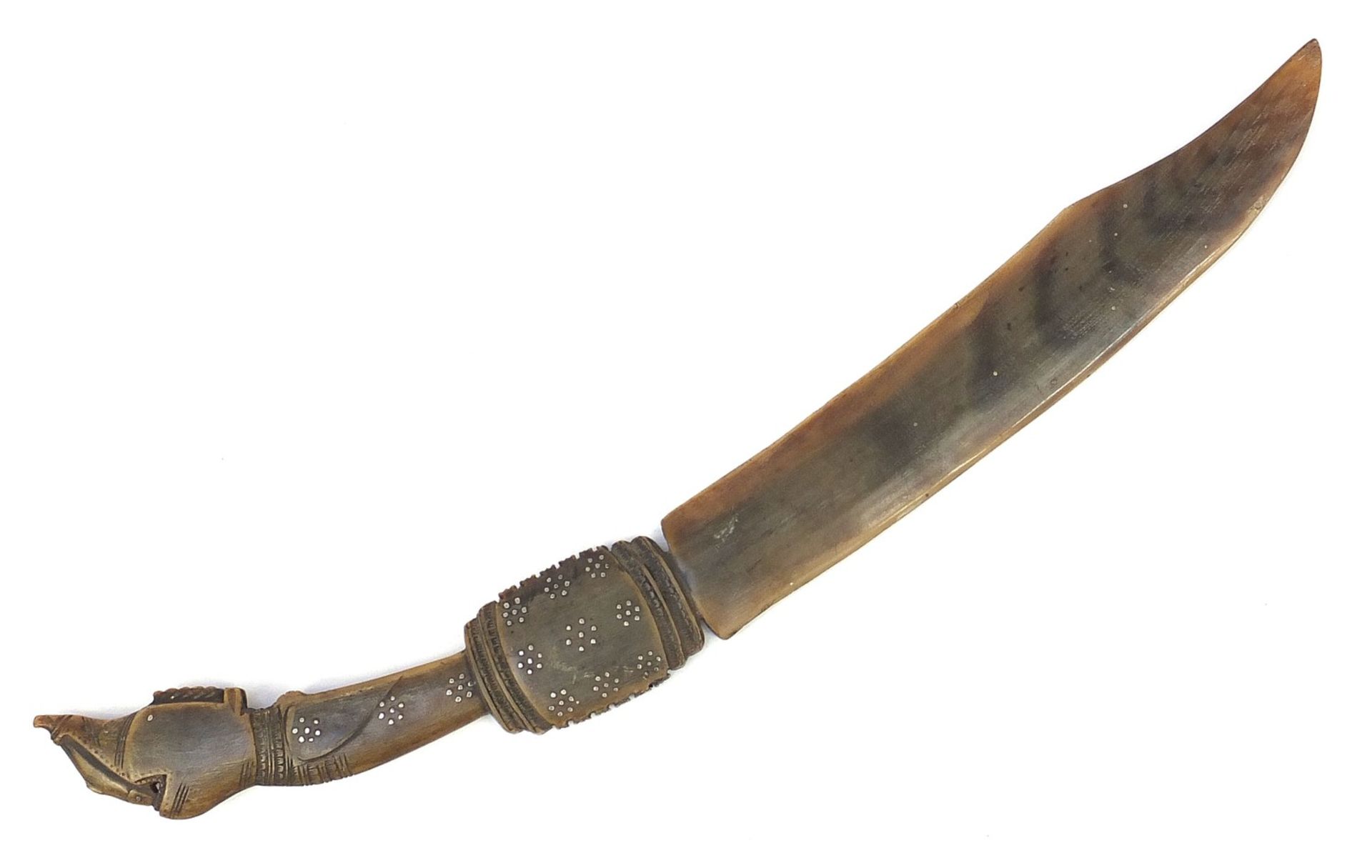 Carved horn letter opener with dragon head handle and metal inlay, possibly rhinoceros, 38.5cm in - Image 4 of 6