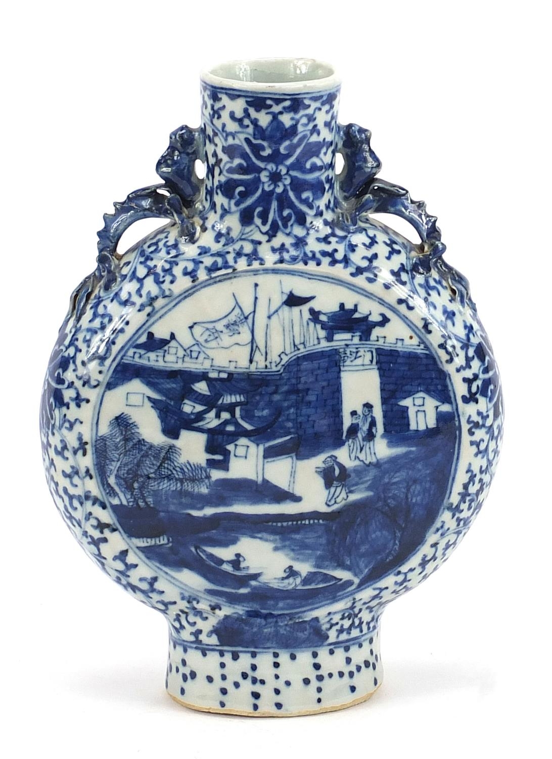 Chinese blue and white porcelain moon flask with handles, hand painted with figures, boats and