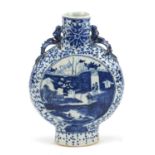 Chinese blue and white porcelain moon flask with handles, hand painted with figures, boats and