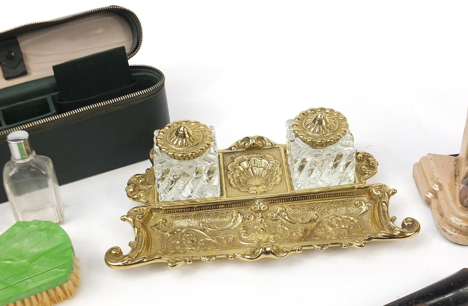 Sundry items including an ornate brass desk stand with glass inkwells and a knight fire companion - Image 3 of 5