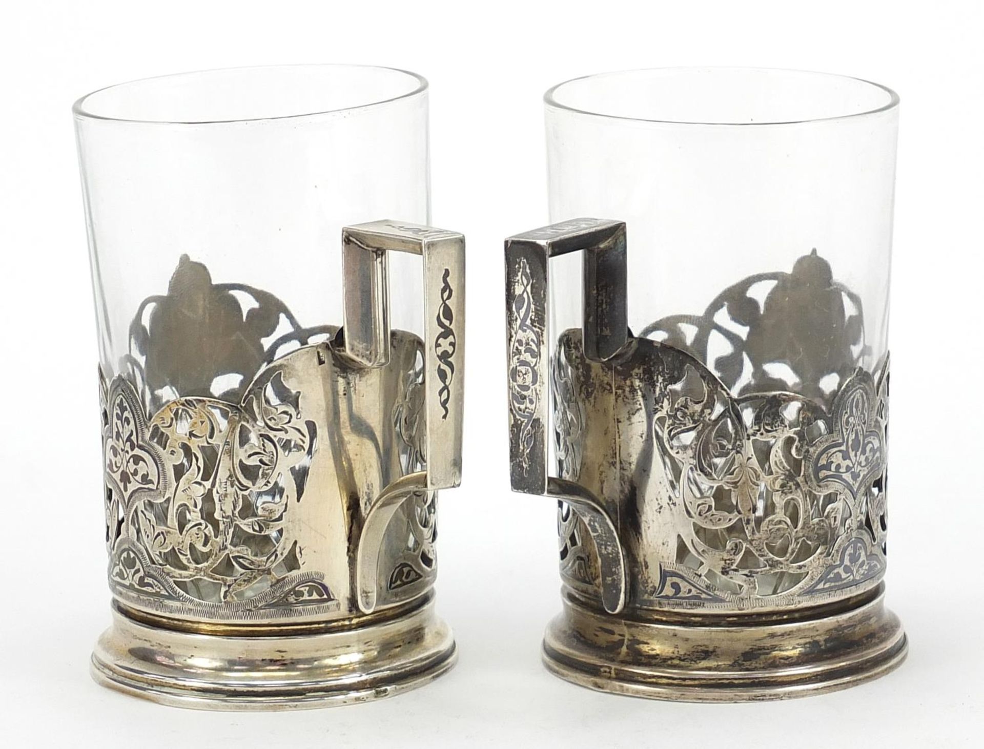 Pair of silver niello work cup holders, impressed Russian marks to the base, 9.5cm high excluding - Image 2 of 4