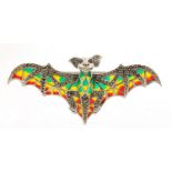 Silver, marcasite and plique à jour enamel bat brooch with ruby eyes, 8cm wide, 12.5g :For Further