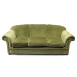Vintage three seater settee with green velvet upholstery and scrolled arms, 79cm H x 202cm W x 100cm