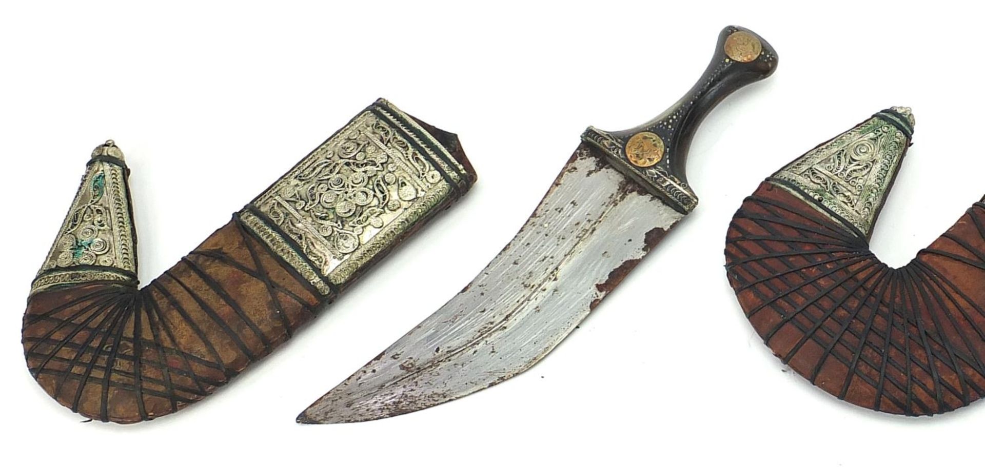 Three Islamic jambiya daggers with horn handles, leather sheaths and white metal mounts, each - Image 2 of 5