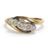 9ct gold diamond five stone crossover ring, size O, 2.5g :For Further Condition Reports Please Visit