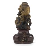 Chinese soapstone vase carved with three monkeys, 19cm high :For Further Condition Reports Please