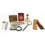 Antique and later objects including a gold coloured metal propelling pencil with stone top and a
