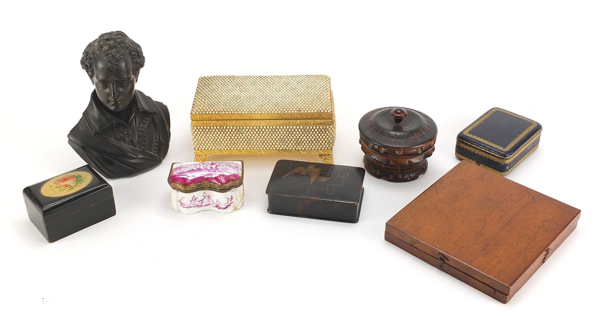 19th century and later objects including a snuff box hand painted with a battle scene, musical