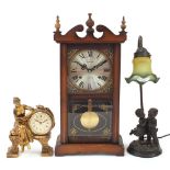 Gilt mantle clock, Highlands thirty one day mantle clock and a bronzed figural desk clock with