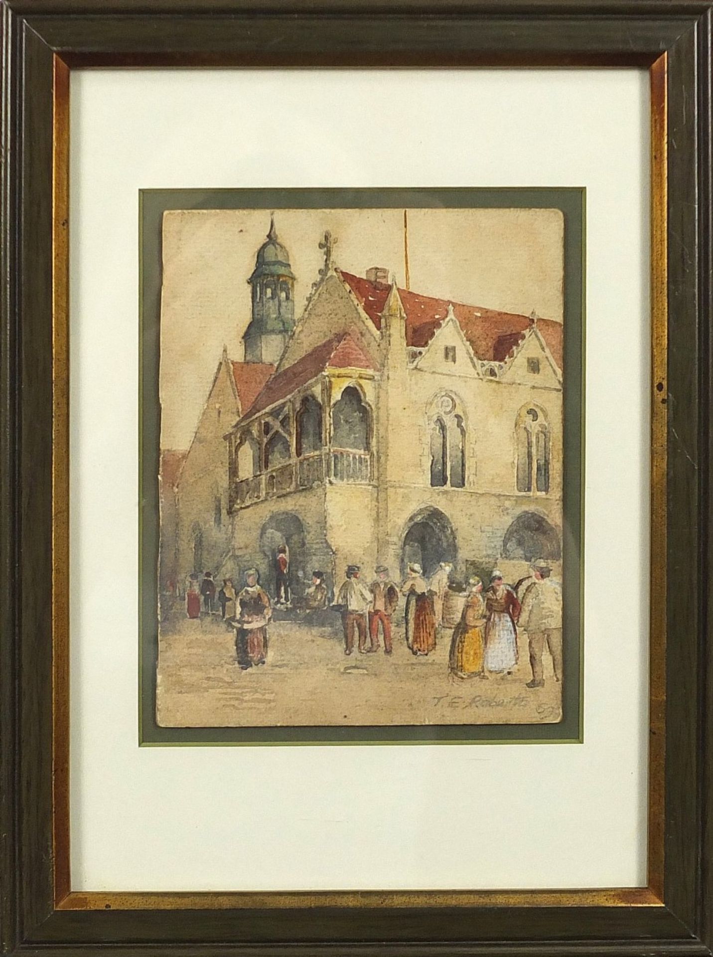 Thomas Edward Roberts '69 - Figures before a church, 19th century watercolour, mounted, framed and - Image 2 of 4
