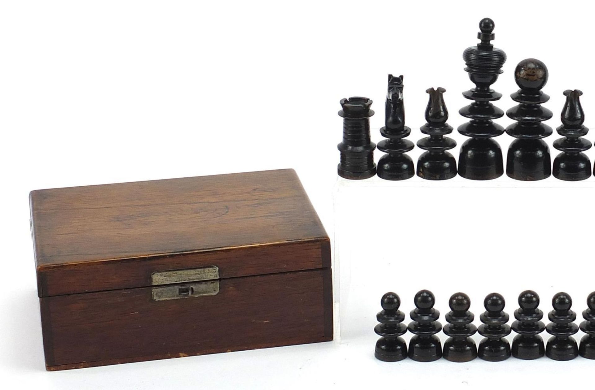 Box with ebonised Chessman chess set with case, the largest pieces each 10cm high :For Further - Image 2 of 6