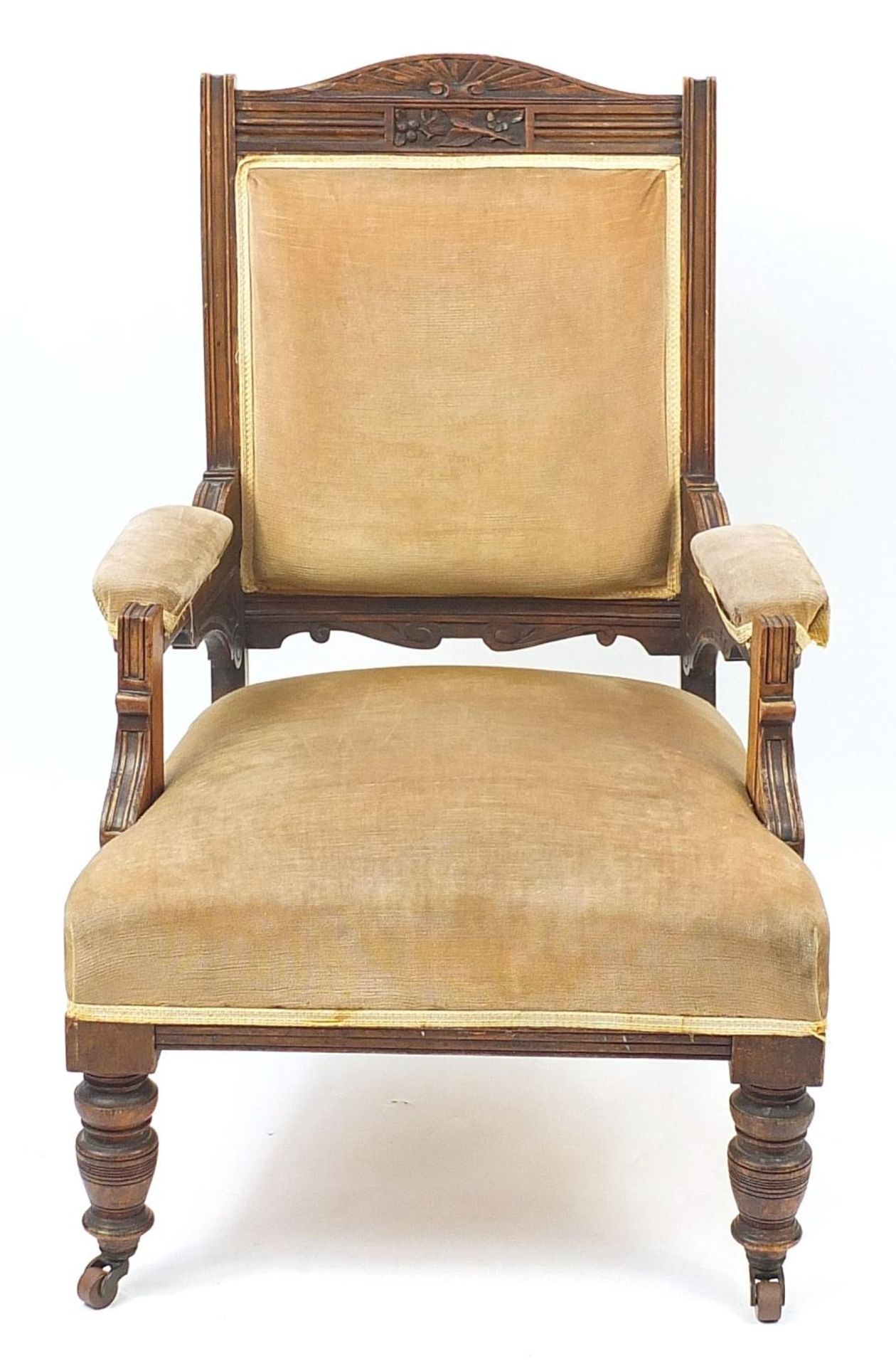 Edwardian carved walnut open elbow chair with beige upholstery, 100cm high :For Further Condition - Image 2 of 4