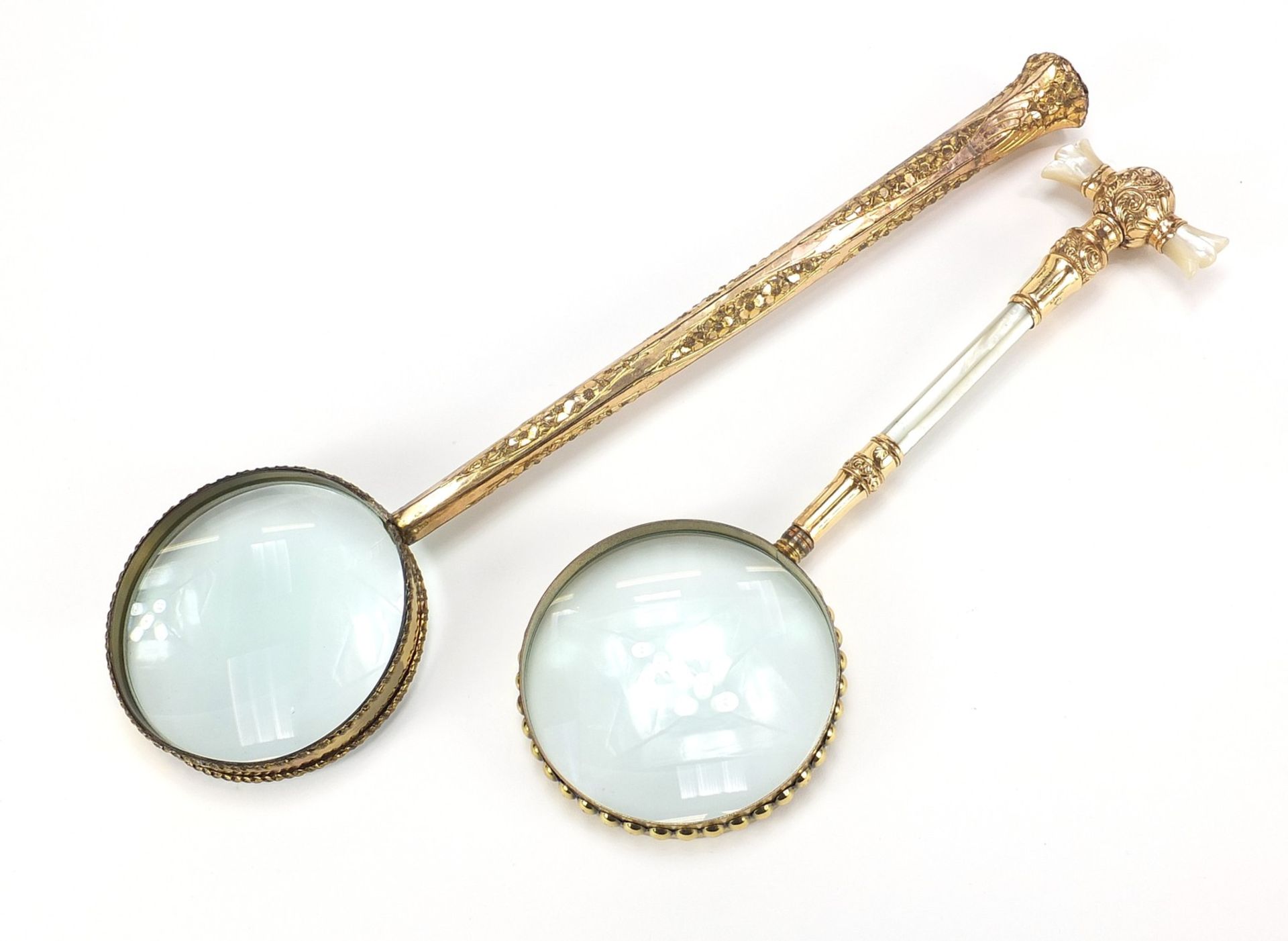 Two large antique gilt metal magnifying glasses including one with mother of pearl handles, the - Bild 2 aus 4