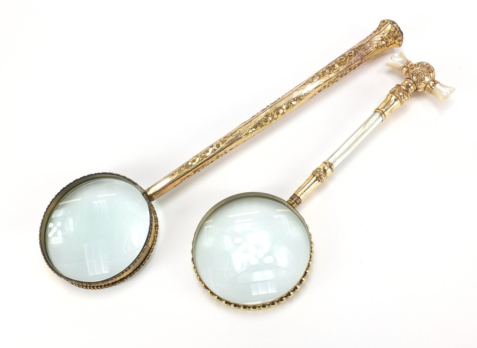 Two large antique gilt metal magnifying glasses including one with mother of pearl handles, the - Image 2 of 4