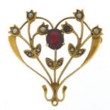 Art Nouveau 9ct gold garnet and seed pearl pendant, 3cm high, 2.2g :For Further Condition Reports