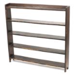 Vintage stained pine open bookcase with five shelves, 119.5cm H x 122.5W x 16.5cm D :For Further