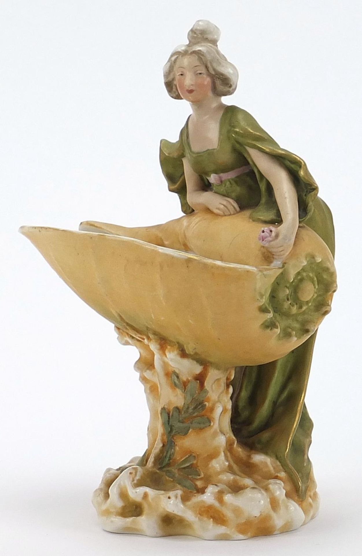 Royal Dux, Czechoslovakian Art Nouveau figural sweetmeat dish in the form of a female with a shell