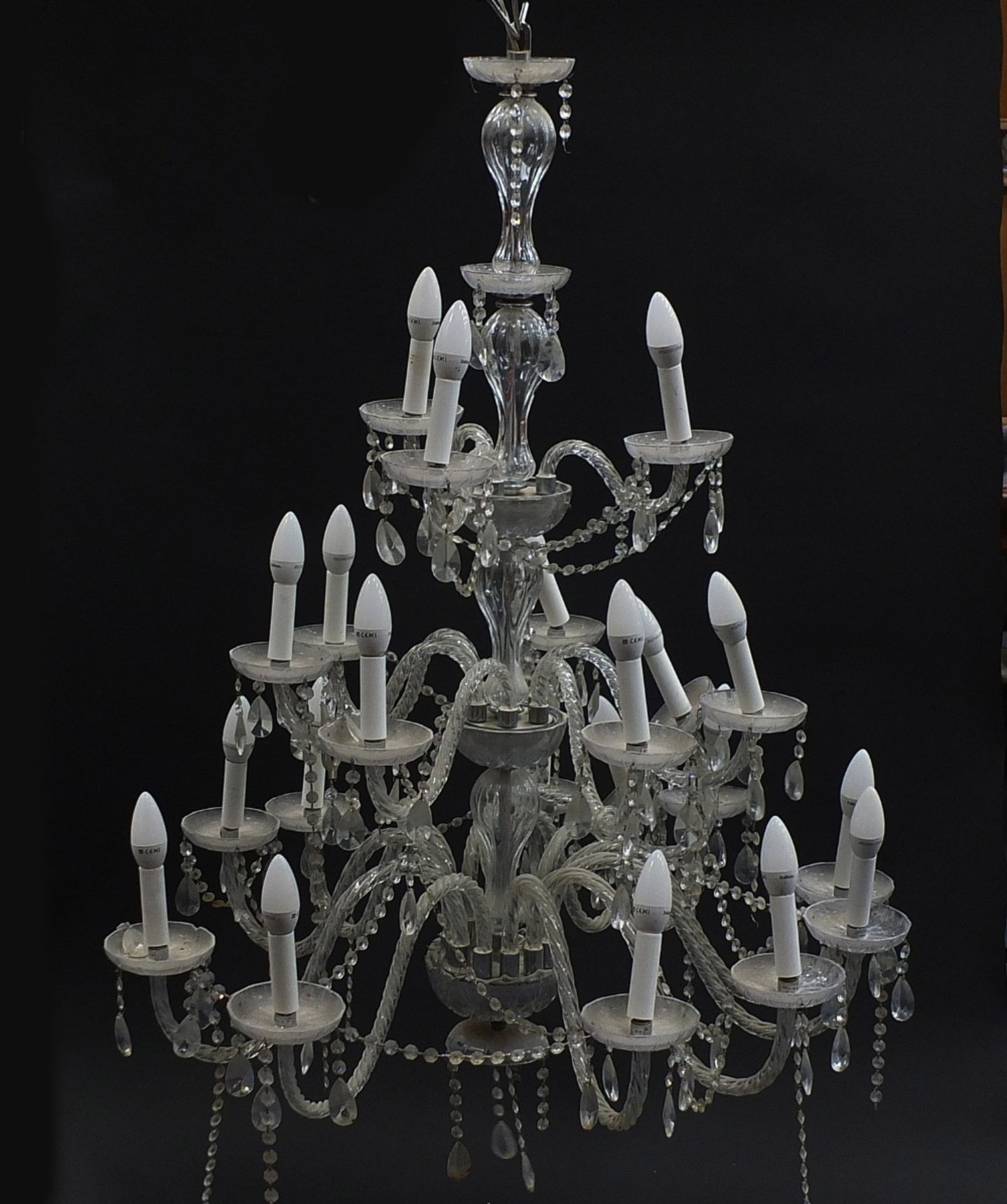 Large three tier glass chandelier with twenty one branches, approximately 110cm high x 90cm in