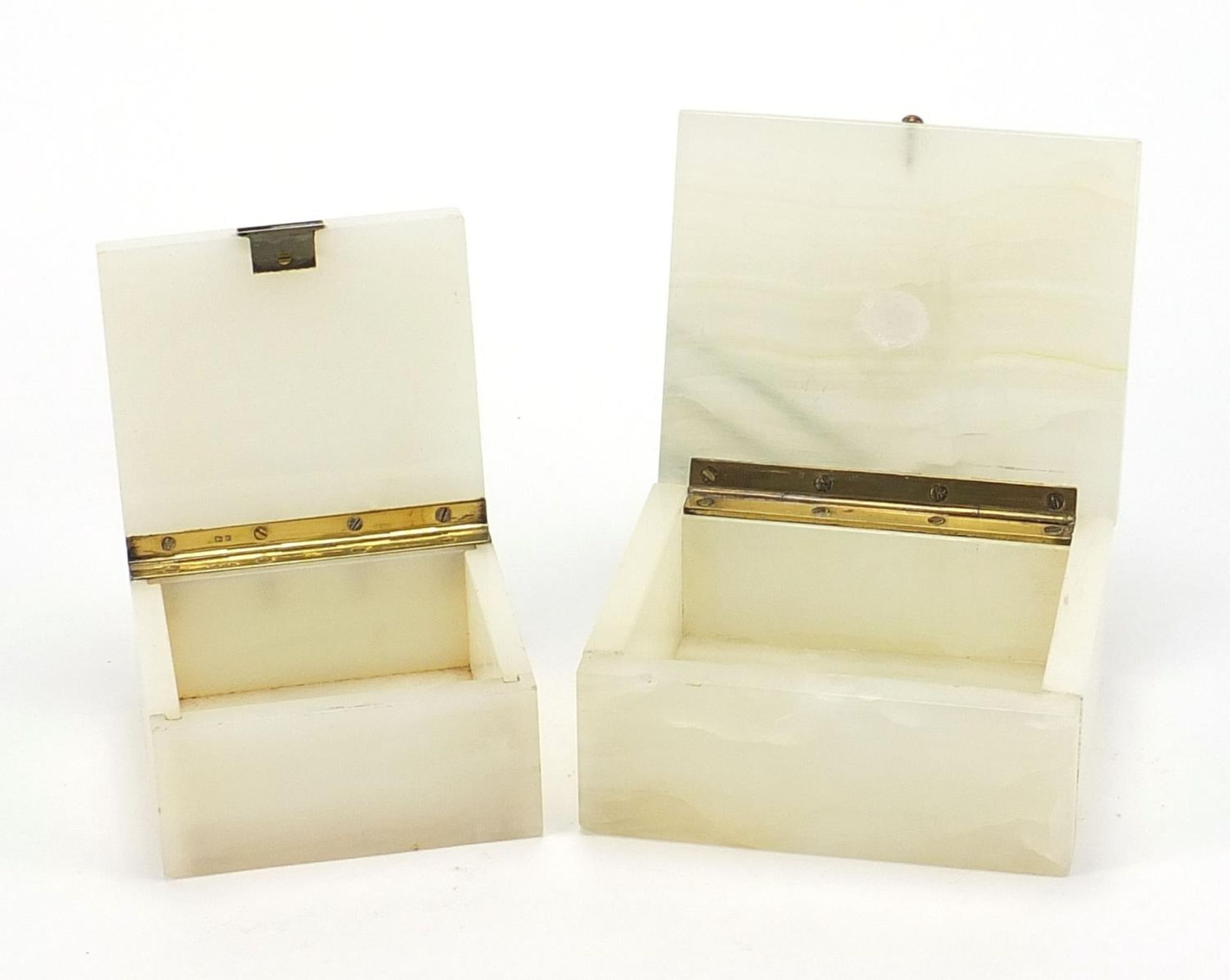 Two onyx cigarette boxes comprising one silver mounted and one with malachite inlay, the largest 6cm - Image 2 of 6