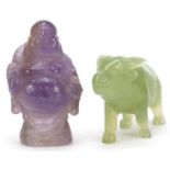 Chinese carved amethyst figure of Buddha and a jade buffalo, the largest 7cm high :For Further