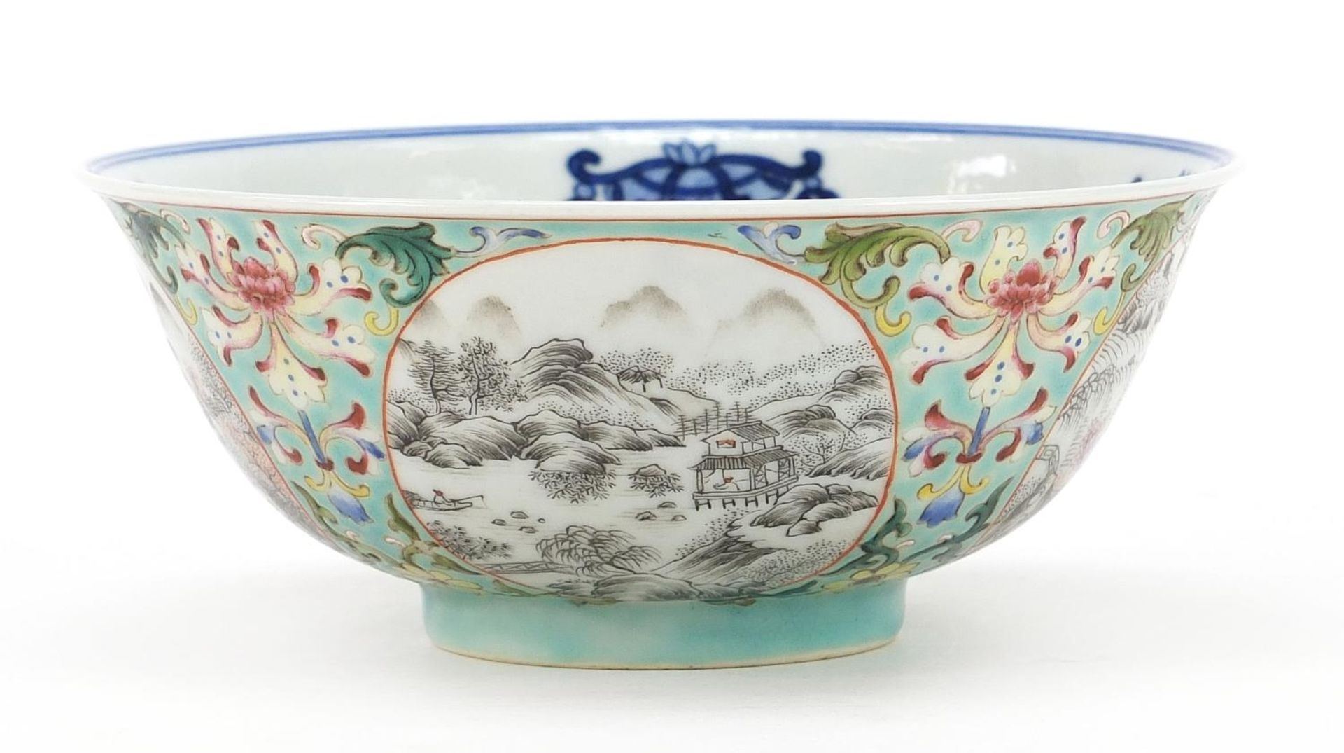 Chinese blue and white porcelain bowl with en grisaille landscape panels, hand painted in the - Image 4 of 8