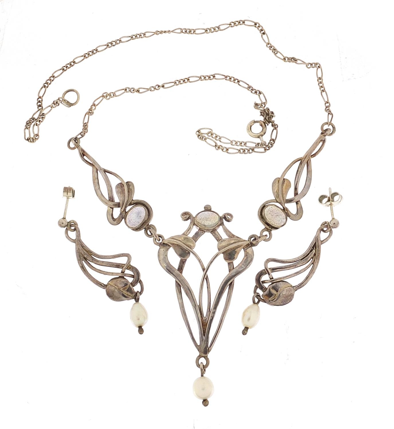Art Nouveau silver and opalescent necklace with matching earrings, the necklace 38cm in length, - Image 4 of 6