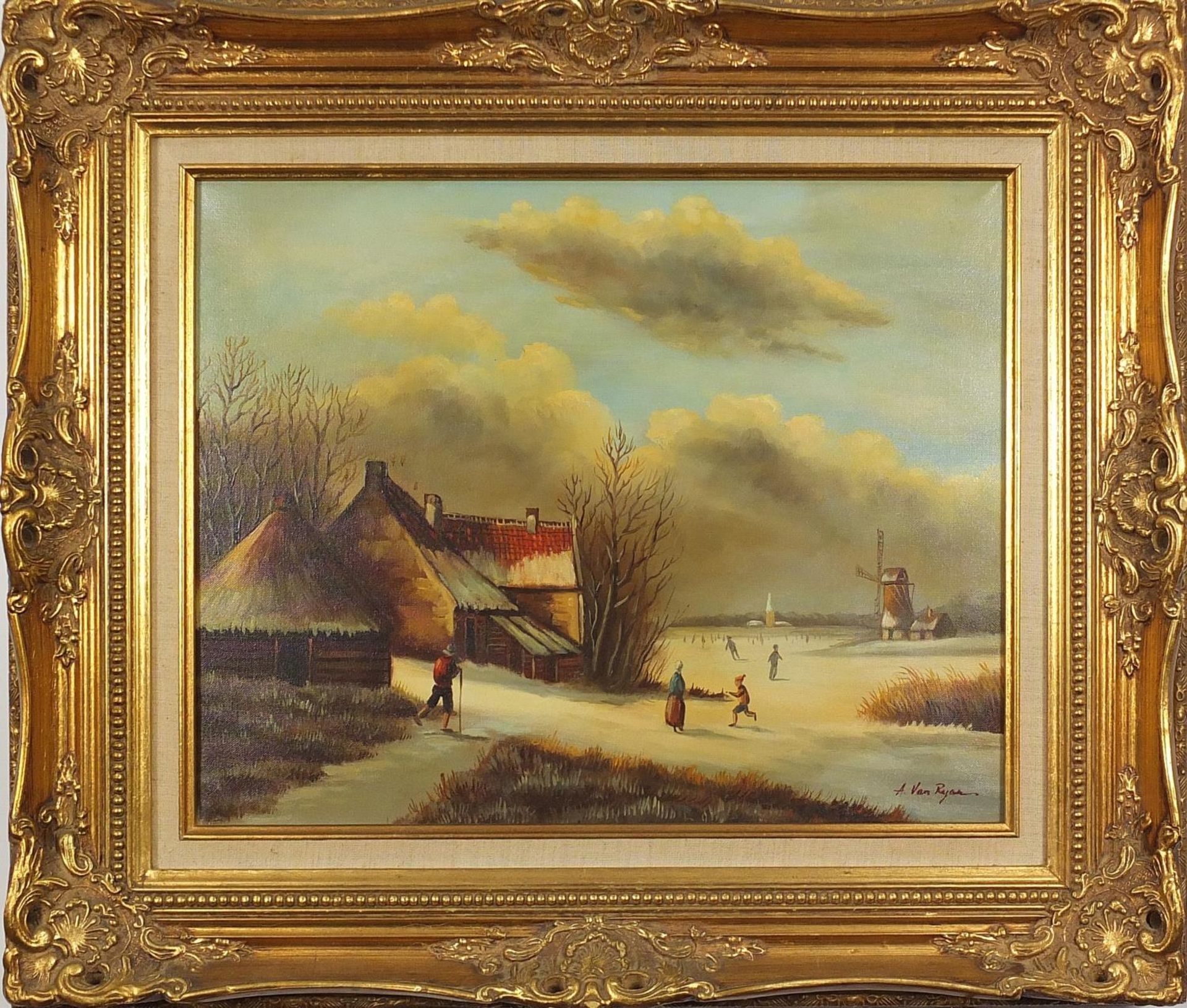 Winter landscape with windmill, Dutch school oil on canvas, mounted and framed, 49cm x 39.5cm - Image 2 of 4