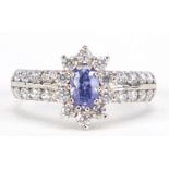 9ct white gold tanzanite and cubic zirconia cluster ring, size O, 3.2g :For Further Condition
