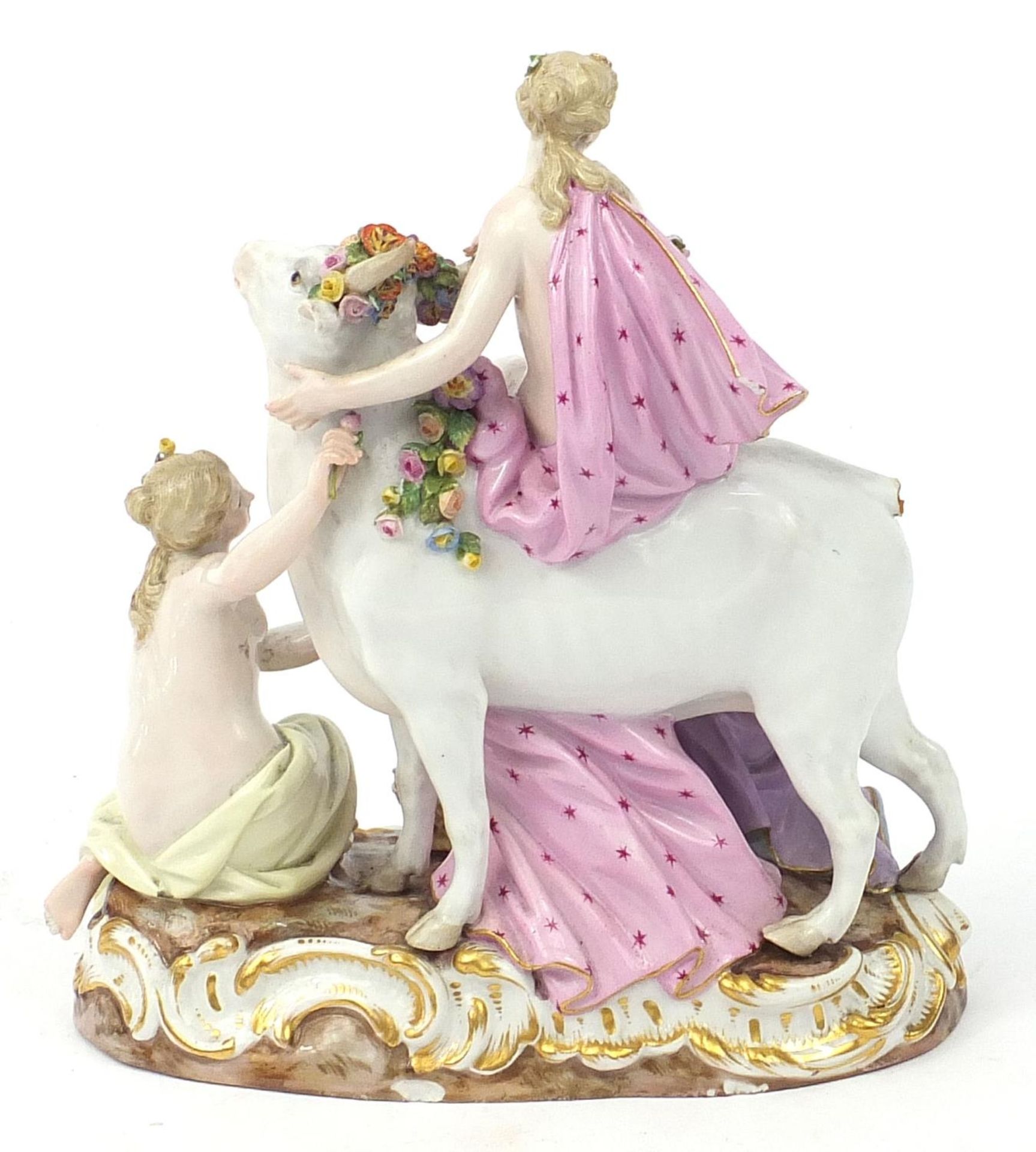 Meissen, 19th century German porcelain figure group of three scantily dressed females and a bull, - Bild 2 aus 5
