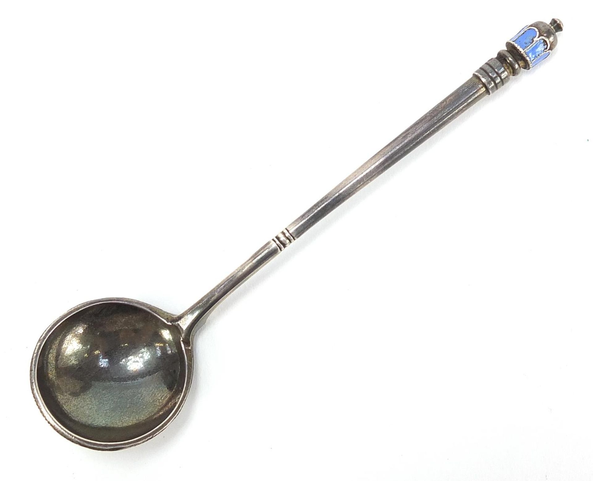 Silver and champlevé enamel spoon, impressed Russian marks, 13cm in length, 29.2g :For Further
