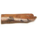 Scrimshaw mammoth tooth ivory section carved with a ship and whale, 14.5cm wide :For Further
