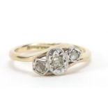 9ct gold diamond three stone crossover ring, size I, 2.0g :For Further Condition Reports Please