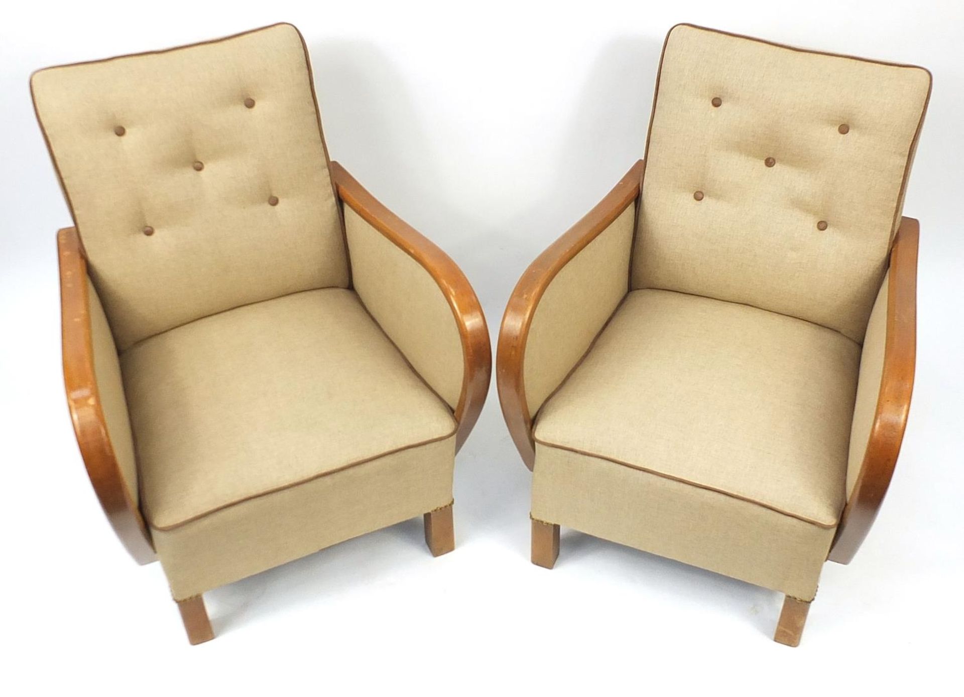Pair of Art Deco design walnut framed armchairs with button upholstered backs, each 88.5cm H x 69. - Image 2 of 3