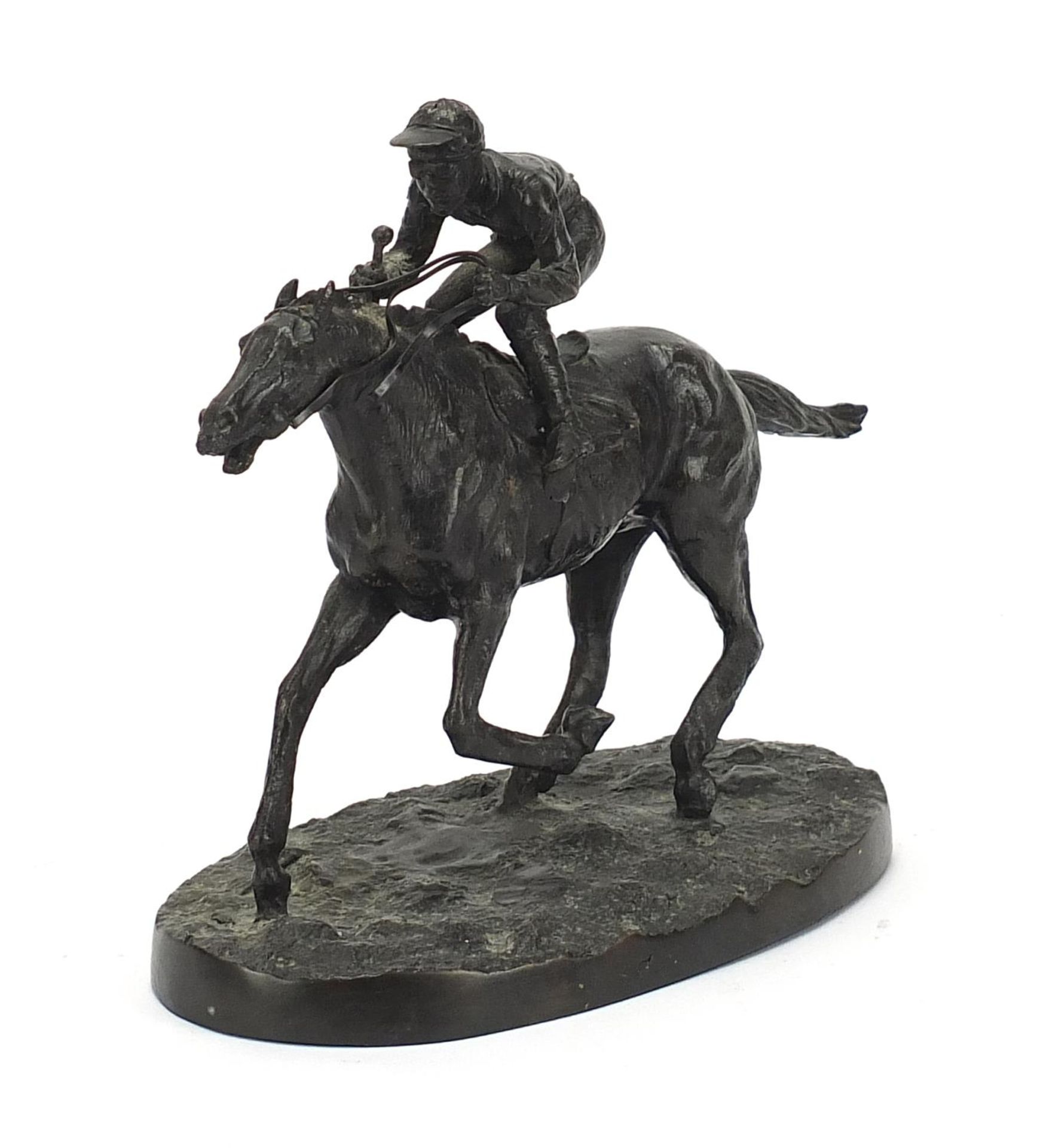 After Mene, Patinated bronze study of a jockey on horseback, 26.5cm in length :For Further Condition